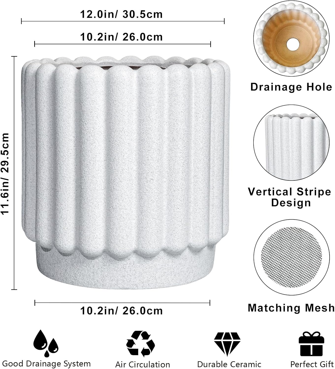 Ceramic Flower Pots - 12 Inch Plant Pot Indoor Outdoor, Fluted Large Ceramic Planters with Drainage Hole, Modern Round Planters, Apartment Decor, Plant Lover Gifts, White