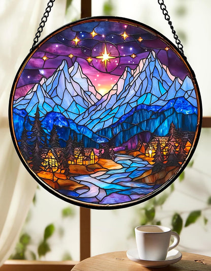 Star City Stained Glass Suncatcher - Handcrafted 7.87 inch Stained Glass Window Hanging with Starry Snow Mountain Pattern, Indoor Winter Decor, a Unique Gift for Coworkers, Friends and Family.