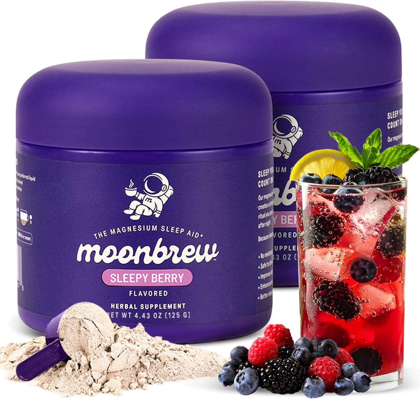 MoonBrew Nighttime Magnesium Sleepy Berry Smoothie, Natural Sleep Aid Drink Mix for Adults, 2-Pack - Calming Melatonin-Free Sleep Support with L-Theanine, Chamomile & Zinc Glycinate - 50 Servings
