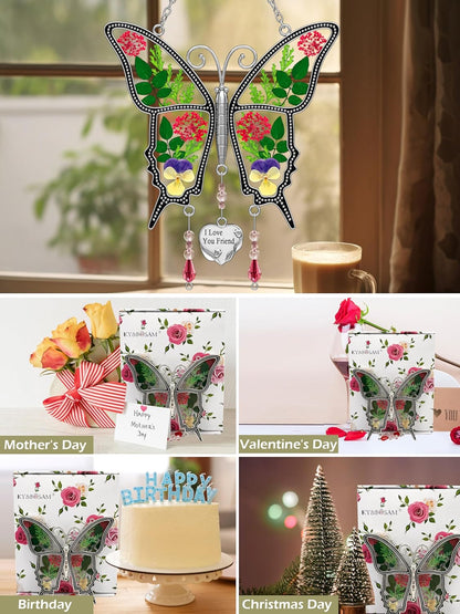KY&BOSAM Gifts for Women I Love You Friend Butterfly Suncatcher with Pressed Real Flower Stained Glass Suncatchers for Window Hanging Wind Chime Decor Brithday Gift for Friend Mothers Day