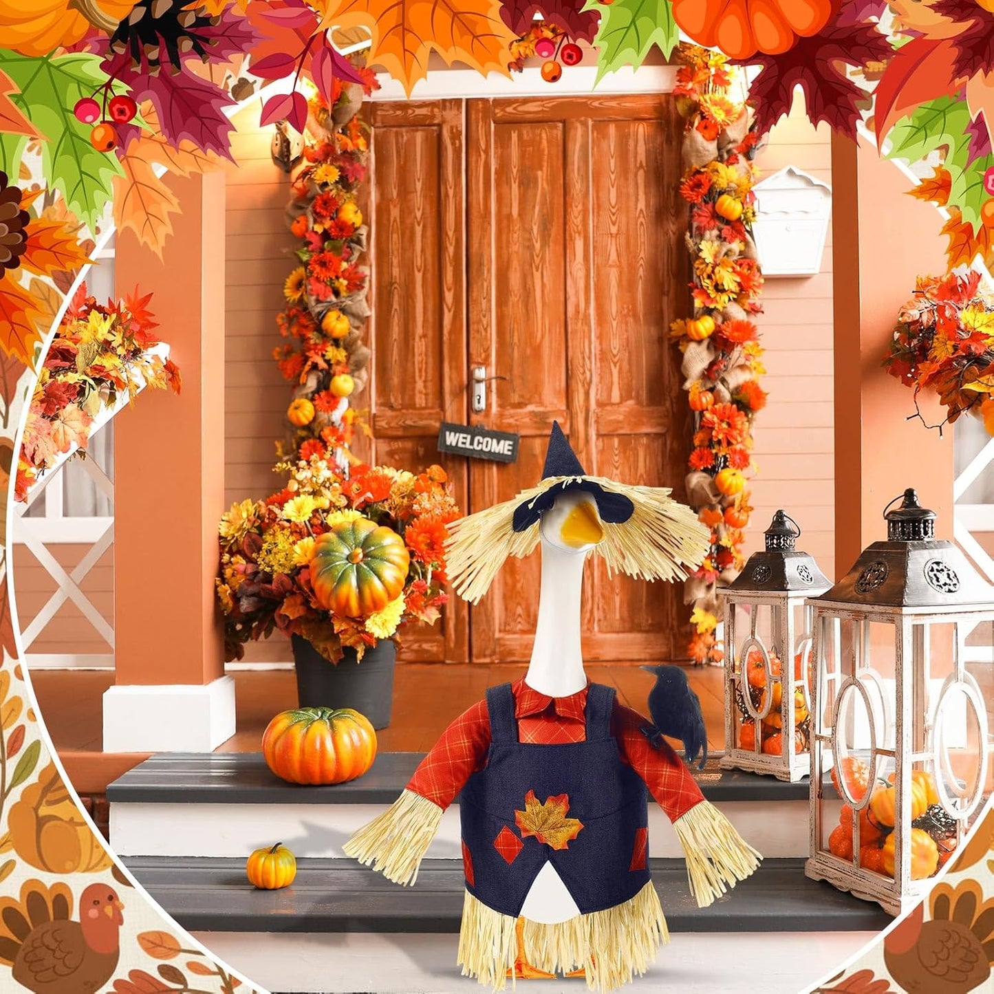 3 Pcs Thanksgiving Scarecrow Porch Goose Outfits for 23 Inch Lawn Statue Goose Design with Hat Thanksgiving Day Fall Garden Patio Yard Outdoor Party Decorations(Male Scarecrow)