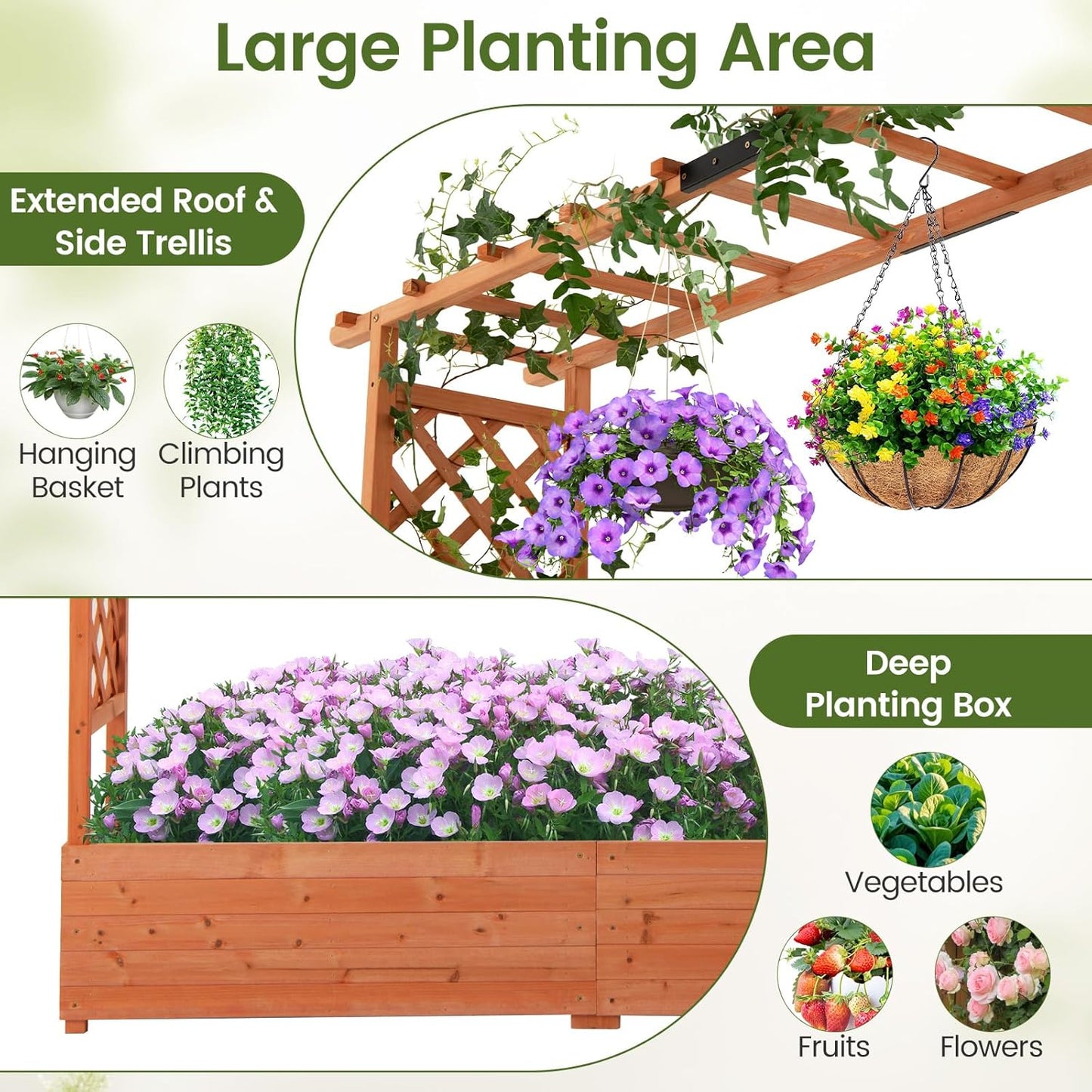 S AFSTAR 77-Inch Raised Garden Bed with Arch Trellis, Hanging Roof & Drainage Holes, Vertical Plant Container for Vine Climbing Plant Flower, Indoor Outdoor Wood Elevated Planter Box for Garden