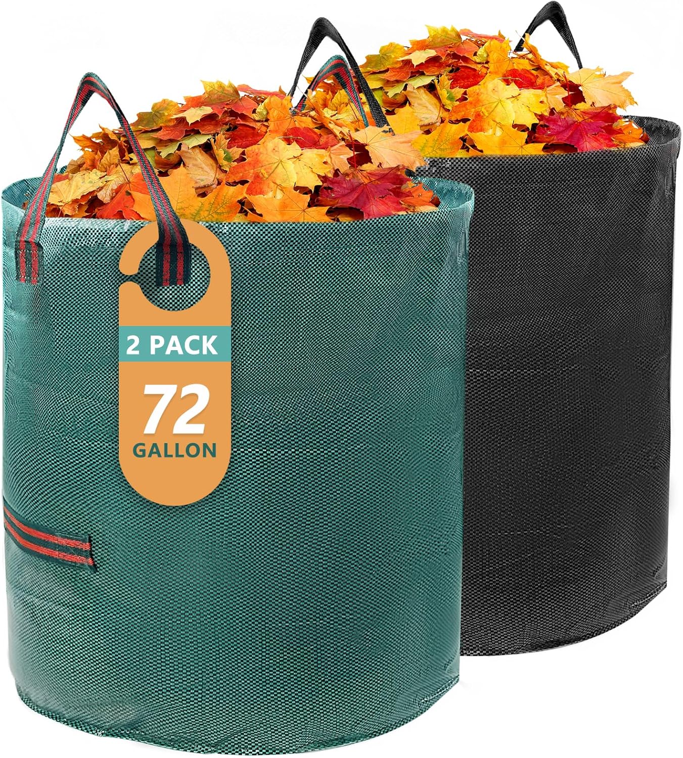 2 Pack 72 Gallon Lawn and Leaf Bags (Green + Black), Heavy Duty Reusable Yard Waste Bags with Reinforced Handles, Collapsible Garden Bags for Leaves, Branches, Grass Waste