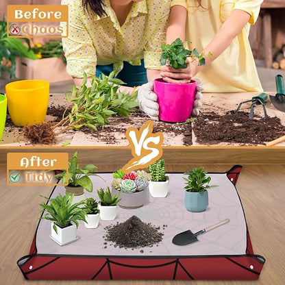 Spiders Web Red Foldable Garden Hand Transplanting Succulent Tools,Waterproof Thickened Repotting Mat Plant Tag, Miniature Planting Indoor Fairy Care,Potting,Cactus,Houseplant Bonsai Tool Kit Gift
