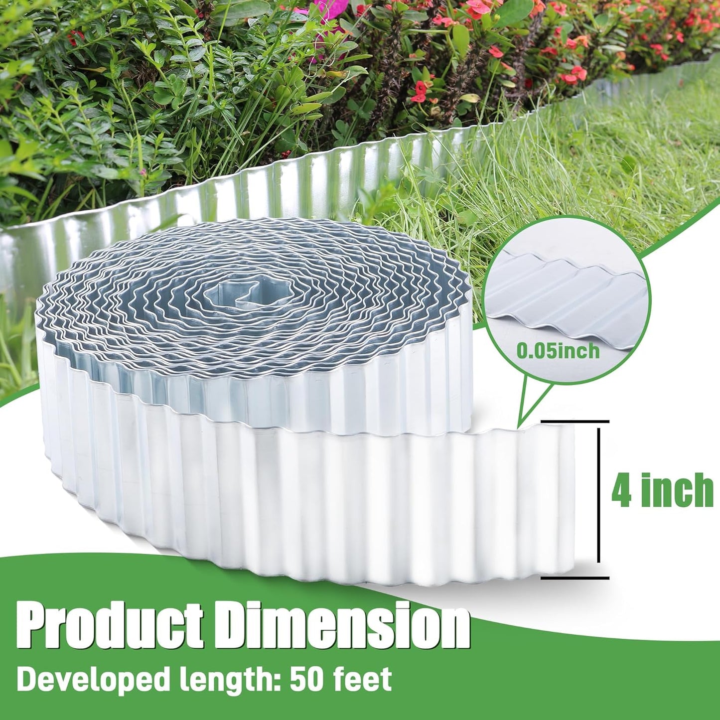Metal Corrugated Garden Edging, 4" x 50Ft Garden Edging Border for Garden and Flower Bed, Landscape Edging for Grass Barrier, Sidewalk, Lawn and Yard, Silvery