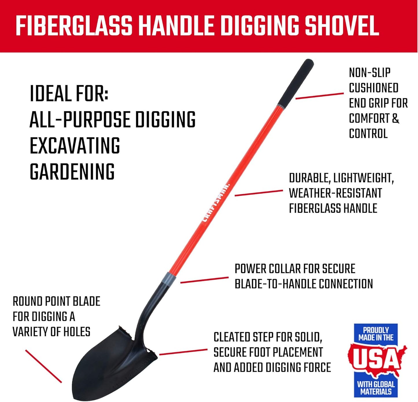 Craftsman 2-Piece Garden Tool Set with Digging Shovel and Bow Rake, Fiberglass Handles, Cushion Grips, for Landscaping, Gardening & Construction