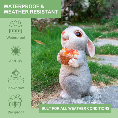 Solar Rabbit Garden Statues Outdoor Bunny Decor Resin Bunny Figurine Holding Mushroom with LED Lights for Porch Patio Lawn Yard Christmas Housewarming Gardening Gifts for Mom Grandma