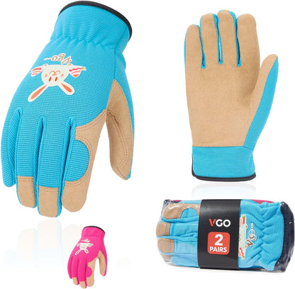Vgo... 2-Pairs Age 5-6 Kids Gardening Gloves,Children Yard Work Gloves,Soft Safety Outdoor Playing Gloves (Size M,Blue&Purple Rabbit, KID-SL7362)