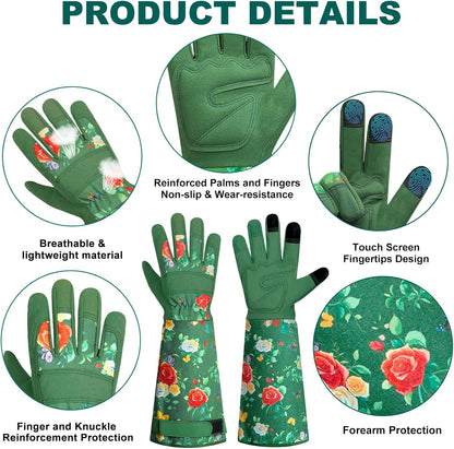 DLY Gardening Gloves,Leather Rose Gloves,Women's Long Gardening Glove for Garden Work and Yard Work,Durable and Comfortable(X-Large, Green