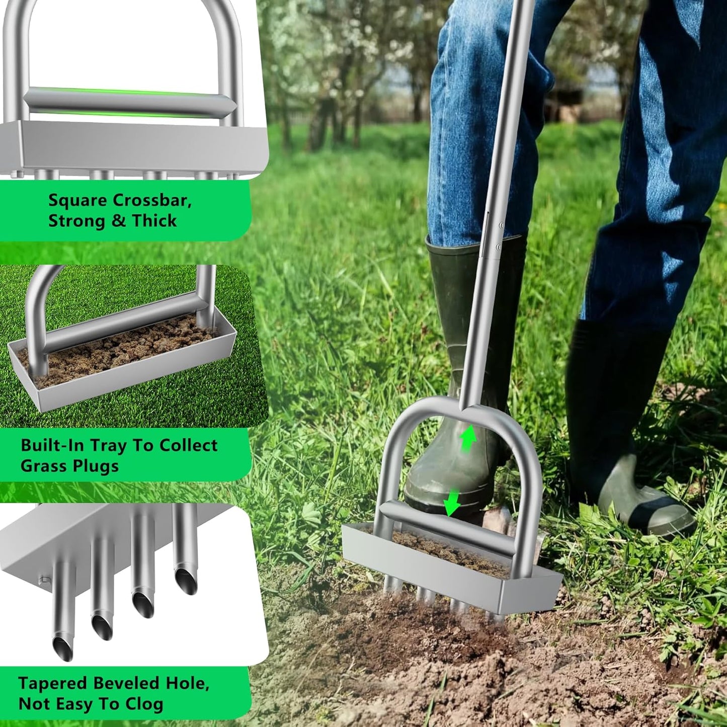 Lawn Aerator Coring Tool with Soil Core Storage Tray,4 Tine Stainless Steel Manual Garden Plug Aerator for Yard Grass,Lawn Coring Aeration for Soil Aeration,Lawn Care Cleaning,Compacted Soil(Silver)