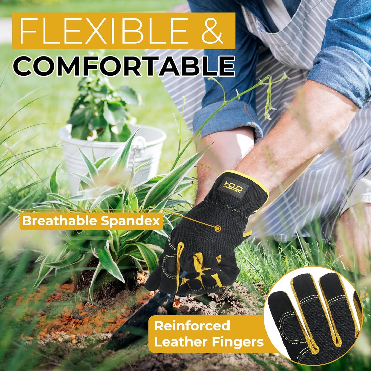 HANDLANDY Men Leather Gardening Gloves, Utility Work Gloves for Mechanics, Construction, Driver