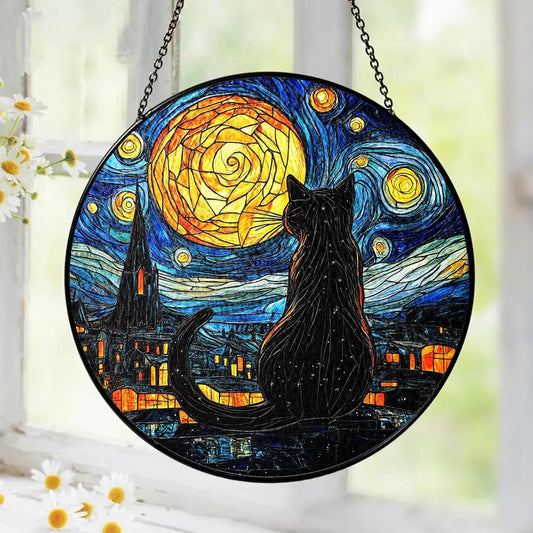 Black Cat Stained Glass Suncatcher Window Hanging Decor for Garden, Suncatcher Panel Ornament
