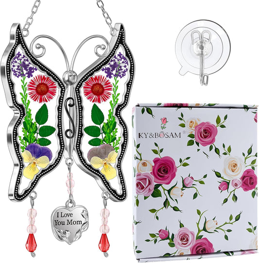 KY&BOSAM Butterfly Suncatcher Mom Gifts Stained Glass Suncathers for Windows Hangings Wind Chime
