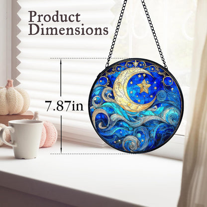 kdqua Moon and Star Suncatcher Stained Glass Window Hanging, Blue Celestial Astronomy Sun Catchers Indoor Window Glass Round Wall Decor, Moon and Stars Wall Art Hanging Decorations Statues, 7.9x7.9in