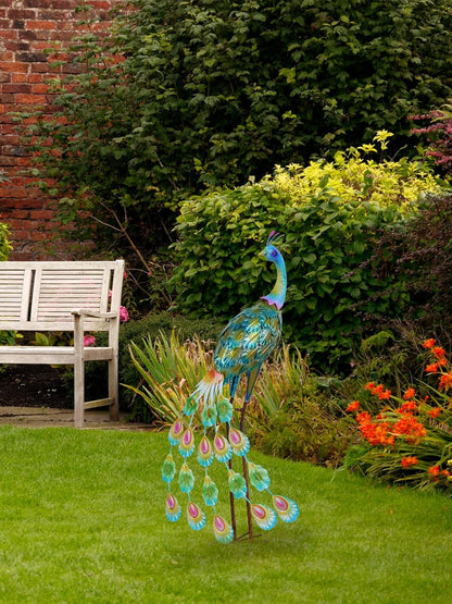 YEAHOME Garden Decor Outdoor Statues, 34" Large Metal Peacock Standing Yard Art, Blue Green Bird Lawn Sculptures Garden Decor for Outside Patio Porch Backyard