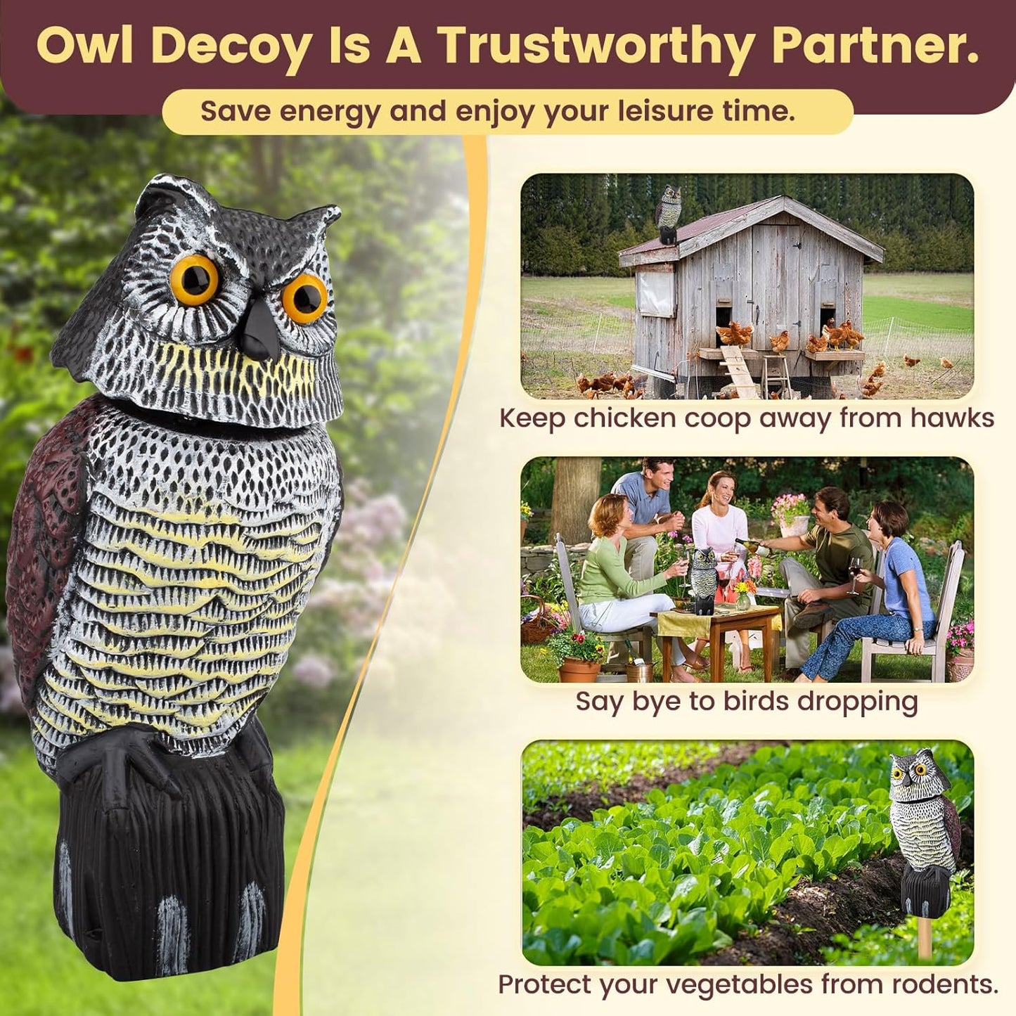 Fake Owl Decoys to Scare Birds Away, Waterproof 360° Rotating Head Hawks & Squirrel Deterrent, Patio Decoration Pest Control, Garden Owl Decoy for Outdoor Yard Patio Pools