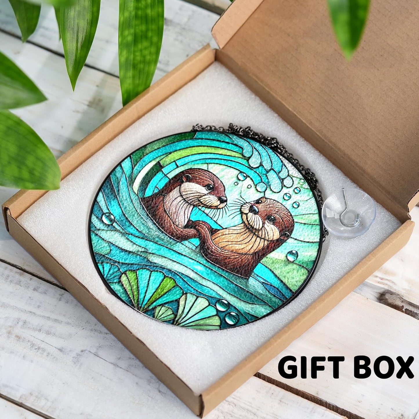 7.8" Otter Couple Stained Glass, Otter Lover Gift Suncatcher, Gifts for Couple Him Her Girlfriend Wife Husband, Valentine's Day Birthday, Window Hanging Home Decor ANI-10A-SG8
