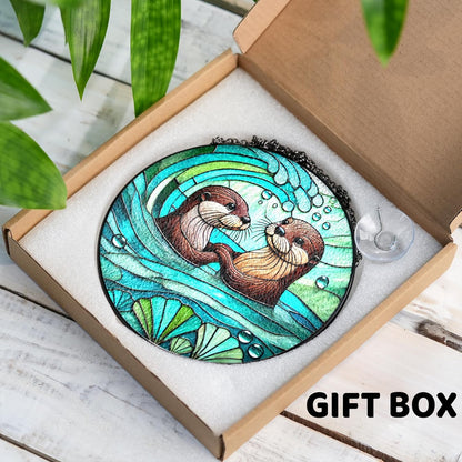 7.8" Otter Couple Stained Glass, Otter Lover Gift Suncatcher, Gifts for Couple Him Her Girlfriend Wife Husband, Valentine's Day Birthday, Window Hanging Home Decor ANI-10A-SG8