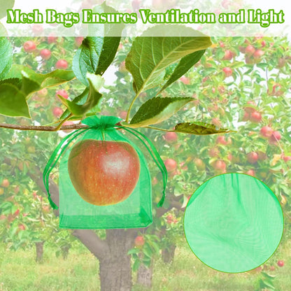 Morcheiong 60Pcs Fruit Protection Bags 6"" x 8"", Reusable Fruit Netting Bags for Fruit Trees, Garden Netting Mesh Bags with Drawstring (Dark Green), M1076MCHYB