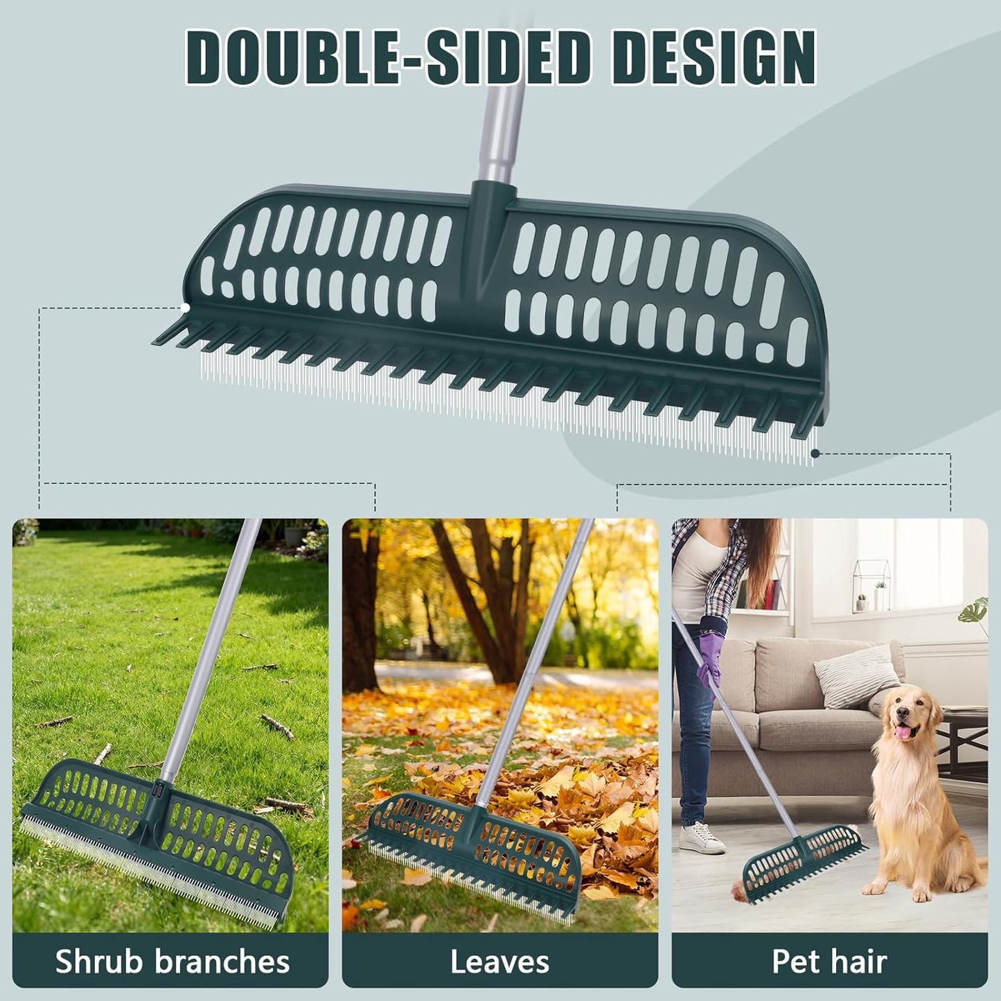 Artificial Turf Rake with 18in Double-Sided Heads, 32-61 Inch Turf Brush Grass Rake for Artificial Grass, Turf Grass Broom for Garden Lawn Artificial Turf Leaves Pet Hairs
