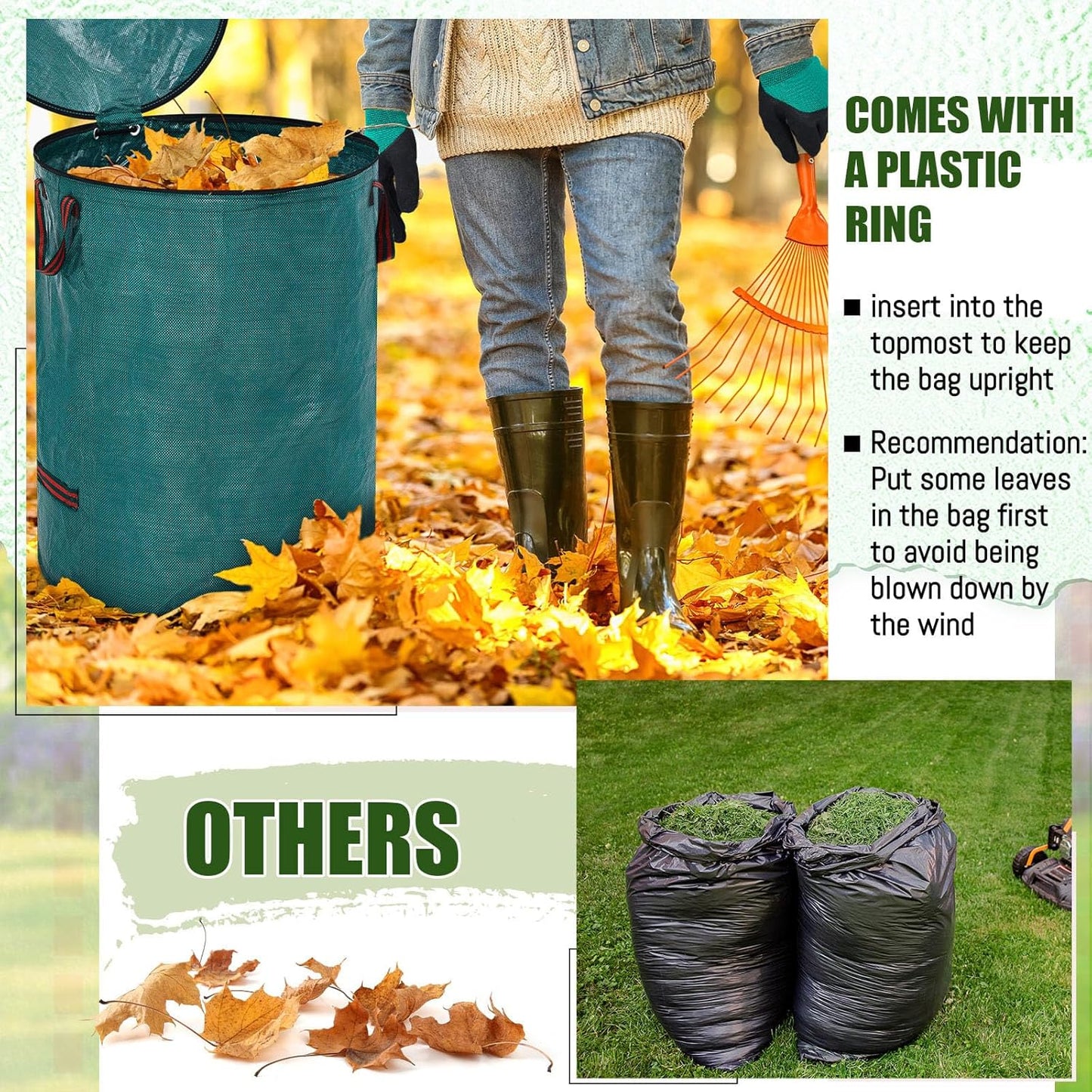 10 Pcs 72 Gallons Yard Waste Bags with Lid and 4 Pairs Gardening Coated Gloves Leaf Bags (h30" x D26") 4 Handles Large Waste Container for Lawn Yard Weed Leaf