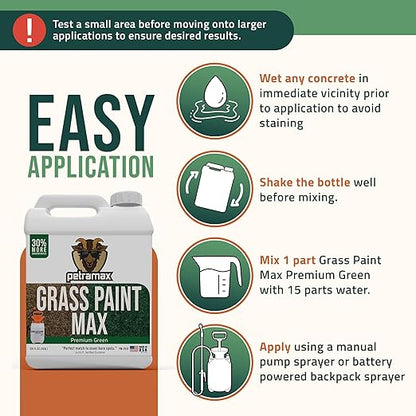 PetraMax Max Grass Paint for Lawn - Maintain Perfect Green Grass, Spray for Lawn & Shrubs Green Spray, Paint Pair with Petra Sprayers - Touch up Dog Spots - Non-Toxic Safe for Pets (Premium, 1 Gal)