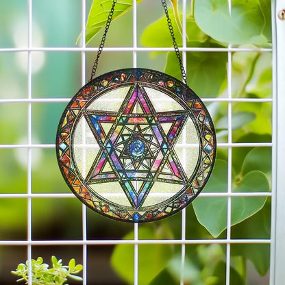 Star of David Suncatcher Stained Glass Window Hanging - 9.84inch Hand-Painted Sun Catcher Garden Hanging Decoration with Metal Chain Outdoor Garden Decor Gift for Women