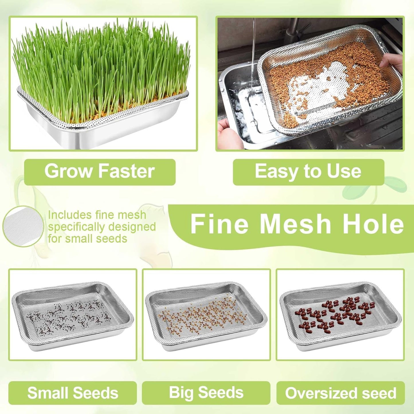 Stainless Steel Sprouts Growing Kit 3-Tier 10.4 inch Trays, Microgreens Growing Kit, Seed Sprouting Tray with Encrypted Mesh Sprouts for Beans Alfalfa Broccoli Wheat Grass