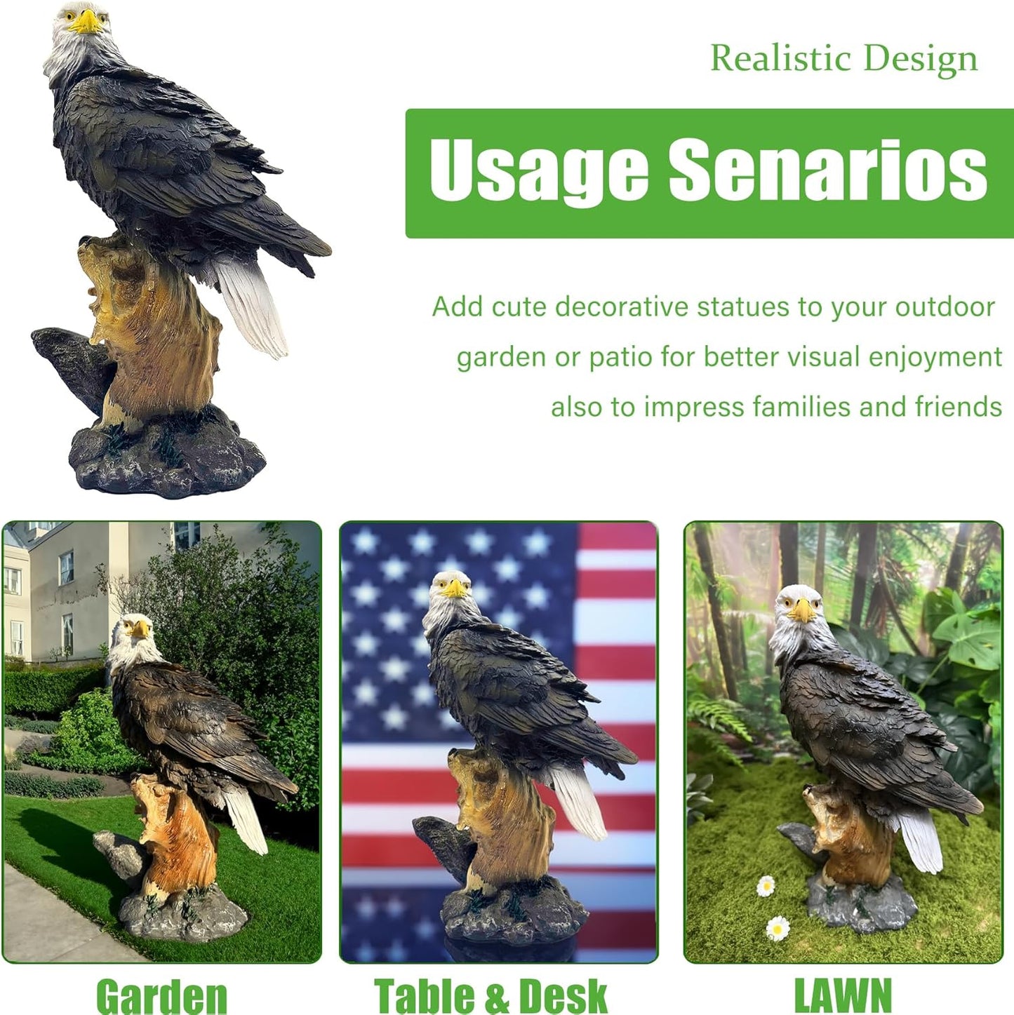 13.2" Real Eagle Statue, Funny Resin Bird Sculpture, Garden Outdoor Decor, Seabird Coastal Beach Accent, Eagle Pattern, Tropical Home Decor, Landscape & Patio Ornaments, Bald Eagle Gift