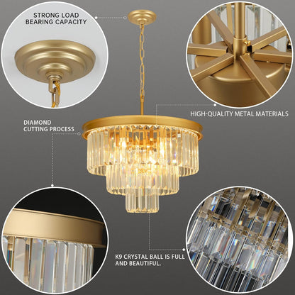 Crystal Chandeliers for Dining Room Lights Fixtures, 9 Lights Gold Modern Chandeliers for Bedroom, 3-Tier Round Crystal Lighting Fixtures for Living Room Entryway Kitchen Island D20 Inch