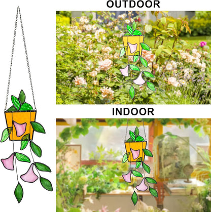 Plant Stained Glass Window Hanging, Green Leaf Morning Glory Stained Glass Suncatchers Plant Suncatchers Hanging Ornament Plant Gift for Plant Lovers