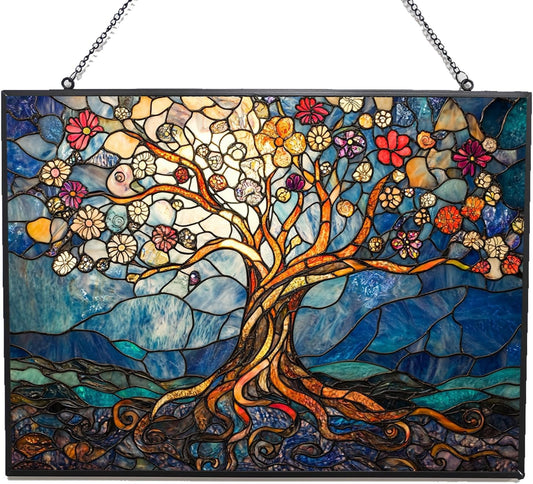 Rectangle Art Nouveau Tree of Life Suncatcher Indoor/Outdoor Stained Glass Window Hanging Handmade