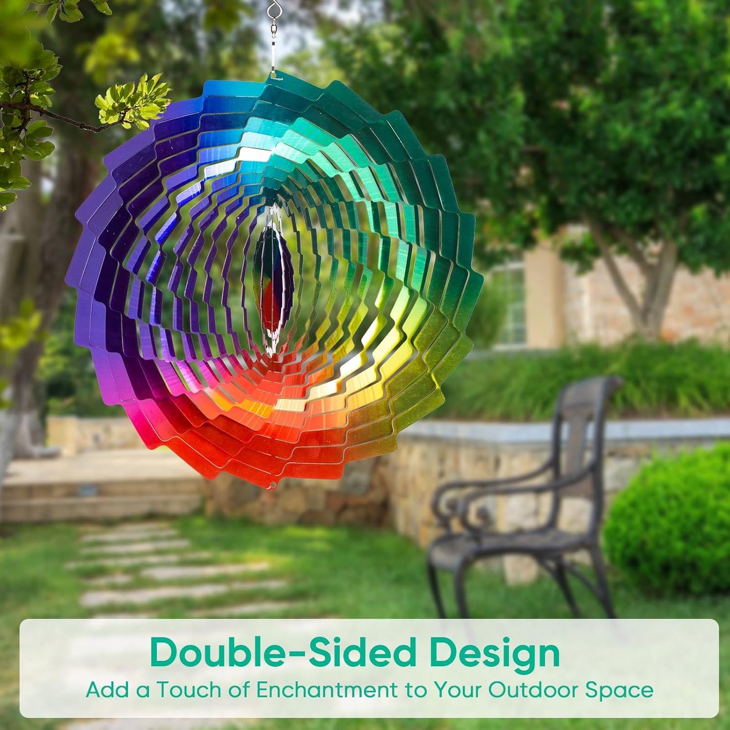 Wind Spinners Rainbow Hanging Metal Wind Sculpture Art Garden Decor, 12 inch 3D Stainless Steel Wind Spinner Decoration for Outdoor Patio Lawn and Yard
