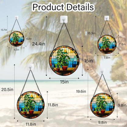 Stained Glass Window Hanging Green Potted Plants 6.3" - Suncatcher Door Garden Sun Catcher Retro Home Decor Birthday Christmas for Mom Men Woman Nana Friend