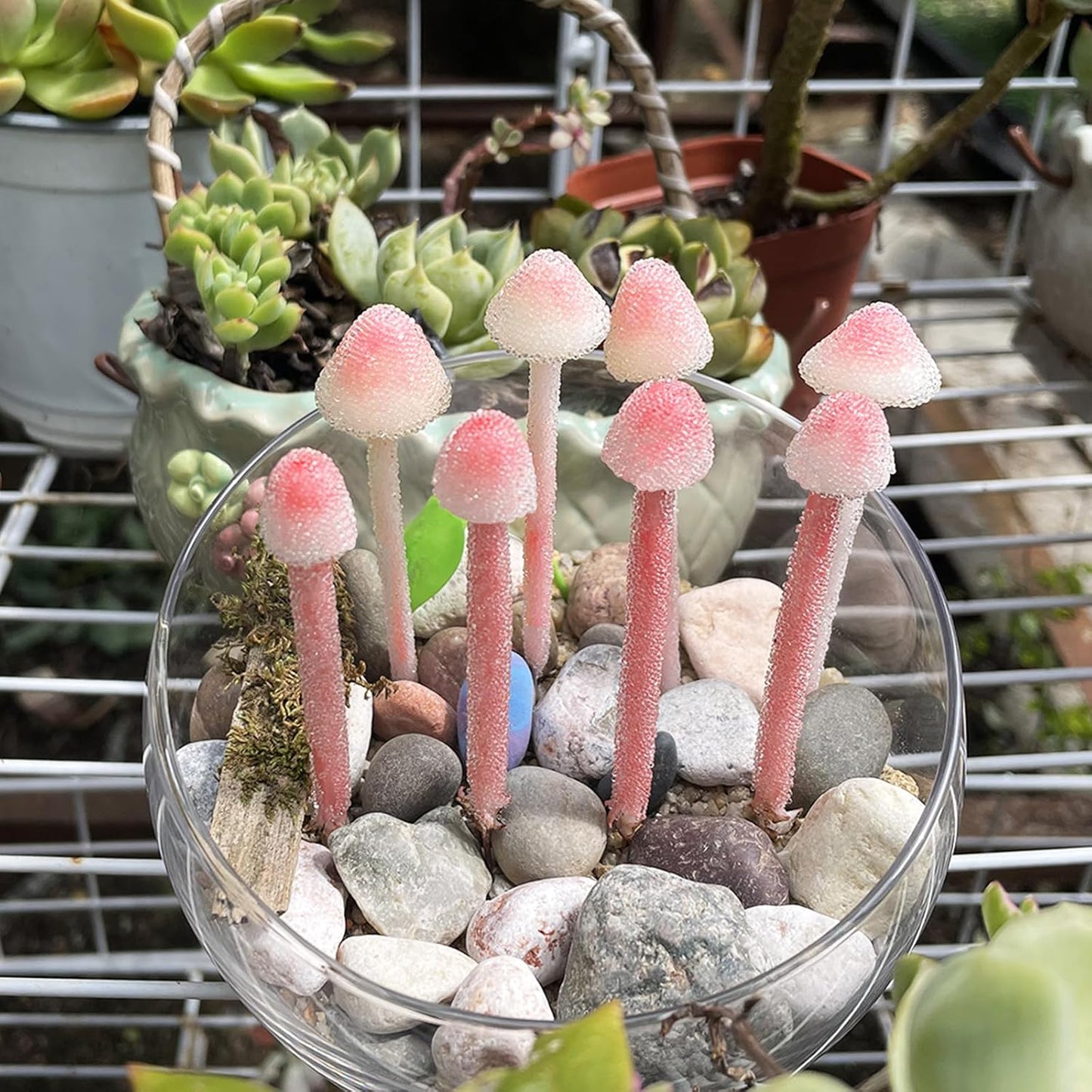 Handmade Glittery Pink Resin Clay Mini Mushrooms - 8Pcs Fairy Garden Decor with Frosted Beads, Miniature Terrarium Ornaments & Desk Plant Accessories Holiday Ornaments & Desktop Decorations