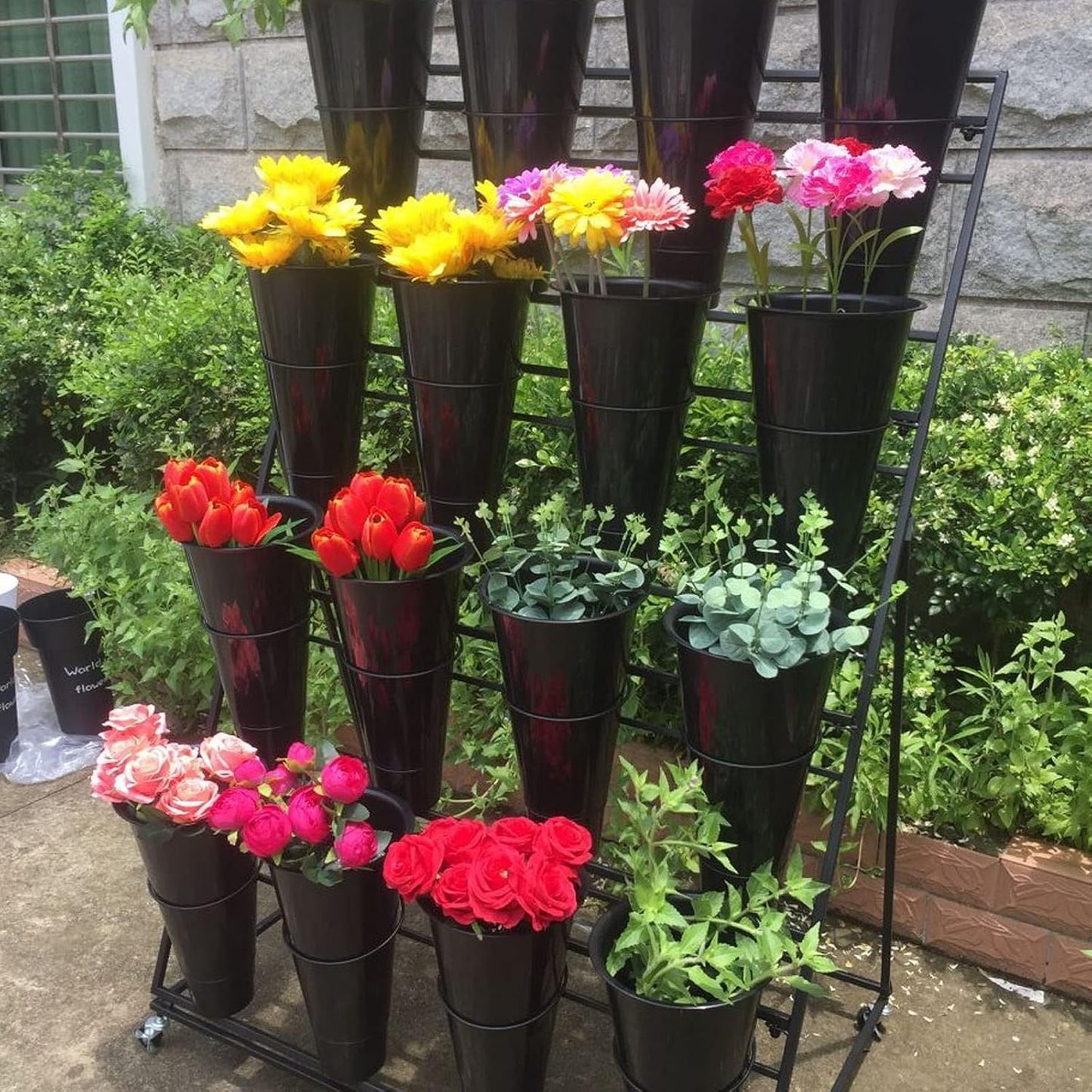 Flower Display Stand, Mobile Plant Cart shelve with Wheels, with Plastic Buckets, Easy to Install, Stepped Plant Stand, Suitable for Indoor and Outdoor Balcony Courtyard Garden Art Exhibitions ( Color