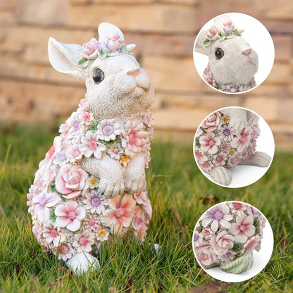Colorful Flower Rabbit Statue - Indoor and Outdoor Garden Decoration Statue Unique Garden Art, Cheerful Home Decor, for Easter, Spring, and New Homes (10inch)