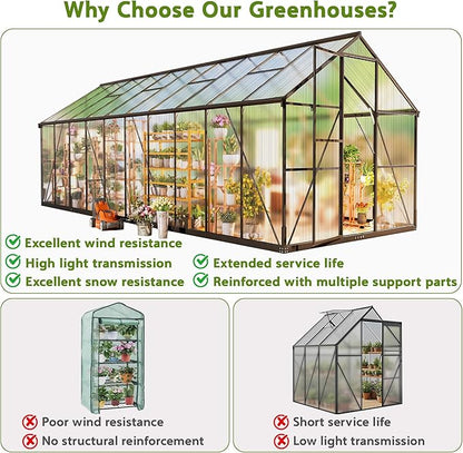Wanan 20x8FT Greenhouses for Outdoors, Quick Assembly Polycarbonate Green House with UV Protection, Heavy Duty Windproof Aluminum Frame, Adjustable Roof Vent for Backyard or Outdoor Garden Use