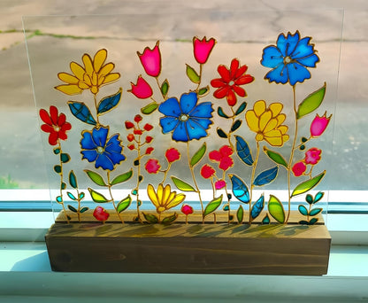 Wildflower Sun Catcher with Wooden Platform Stained Glass Suncatcher Wildflowers Gifts for Women Hand Painted Windowsill Decoration Housewarming Birthday Gift for Women Mother Mom Grandma Friends