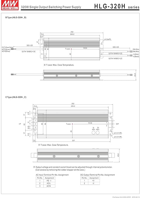 MEAN WELL HLG-320H-42B Switching LED Driver Power Supply, Current Adjustable by Output Cable, 42