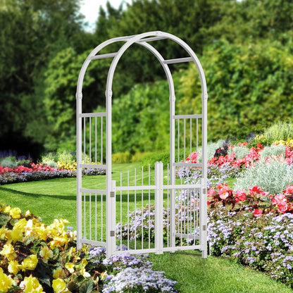 VINGLI Garden Arbor with Gate, PVC Frame Trellis Garden Arch for Plant Climbing, Vinyl Pergola Wedding Arch Backdrop Standing for Backyard, Lawn, Event (White)
