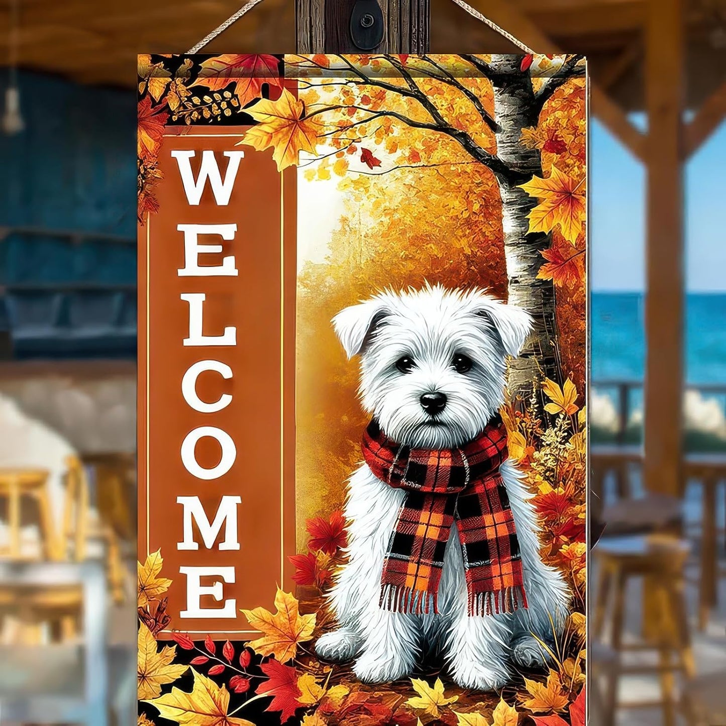 Thanksgiving Fall Garden Flag 12x18 Inch Welcome West Highland White Terrier Dog Outdoor Flag Double Sided Autumn Yard Banner with Plaid Scarf and Leaves Decor for Porch Lawn Patio
