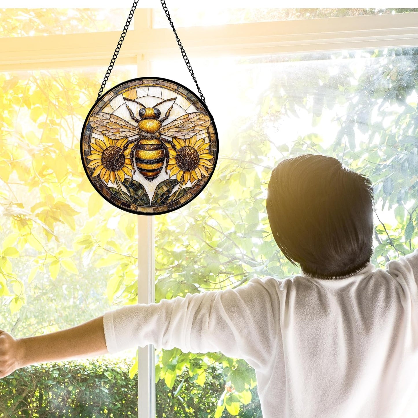Stained Glass Window Hanging - Bee Sunflower Yellow Suncatcher Ready to Hang Window Doors Home Decoration and Christmas, Mother's Day Birthday Gifts for Women, Men, and Mom 11.8x11.8 in