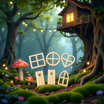 12Pcs Brown Wooden Fairy Garden Door,Blank Doors Fairy House Door and Windows Ornaments Tree Statues for Tree Trunk Yard Decoration Miniature Garden Buildings and Structures