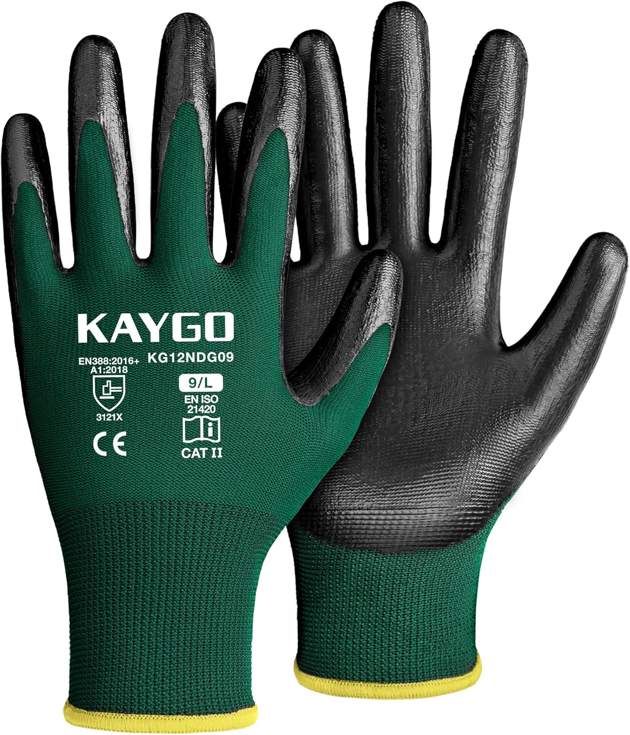 KAYGO Work Gloves Nitrile Coated, 12 Pairs KG12N，Seamless Knit, Protective Safety Work Gloves with Good Grip for General Work,green, L