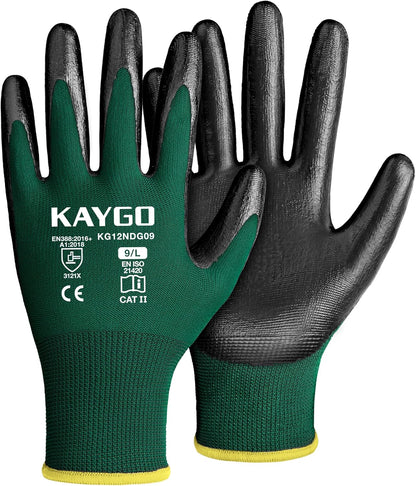 KAYGO Work Gloves Nitrile Coated, 12 Pairs KG12N，Seamless Knit, Protective Safety Work Gloves with Good Grip for General Work,green, L