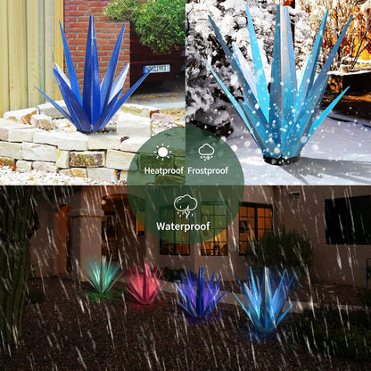 Large Tequila Rustic Sculpture, Rustic Metal Agave Plants for Outdoor Patio Yard, Home Decor Hand Painted Metal Agave Garden Yard Statue, Outdoor Lawn Ornaments (Rose Red - L (W/Solar Light))