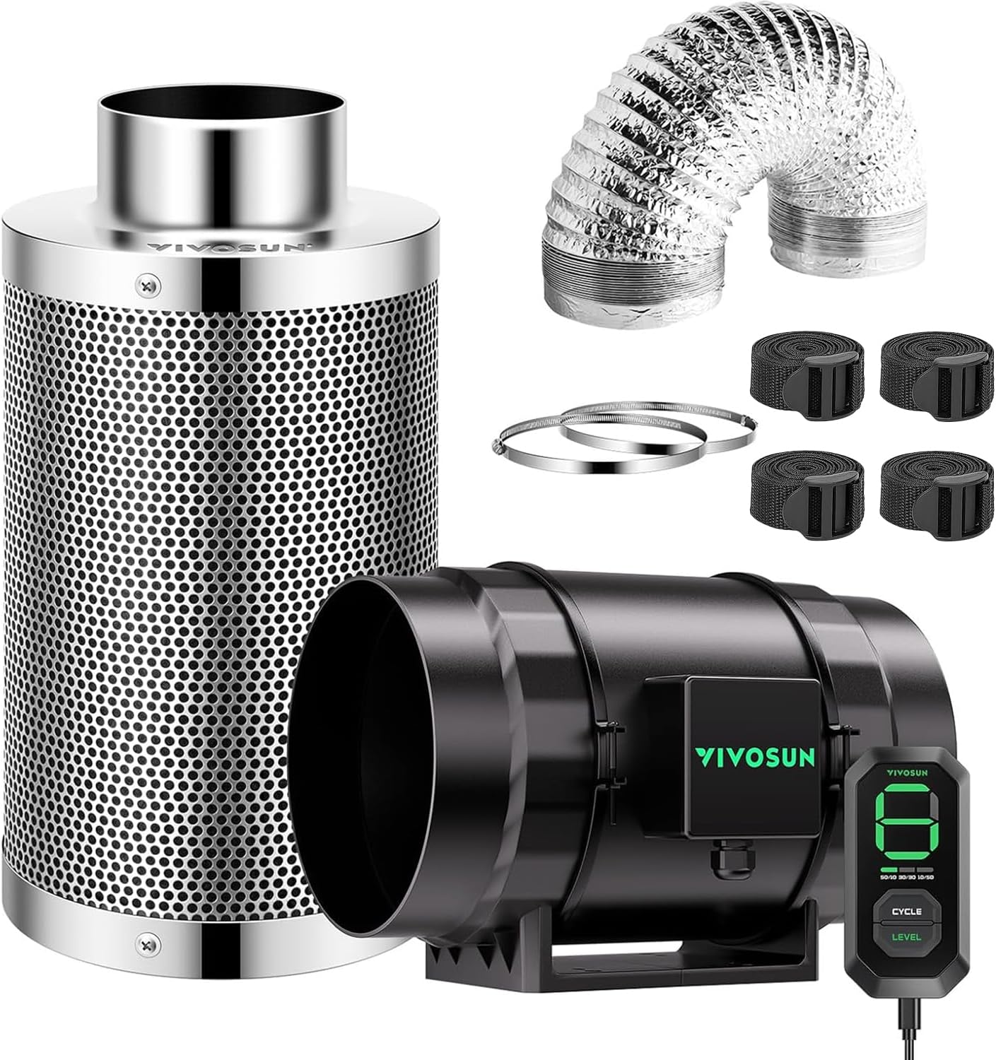 VIVOSUN Smart Air Filtration S8 Kit 8", AeroZesh S8 Inline Duct Fan with E12 Speed Controller, Carbon Filter & 25' Ducting, Cooling & Ventilation System for Grow Tents, Indoor Gardening, Hydroponics
