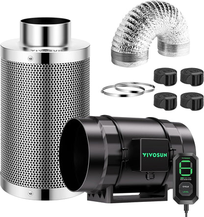 VIVOSUN Smart Air Filtration S8 Kit 8", AeroZesh S8 Inline Duct Fan with E12 Speed Controller, Carbon Filter & 25' Ducting, Cooling & Ventilation System for Grow Tents, Indoor Gardening, Hydroponics