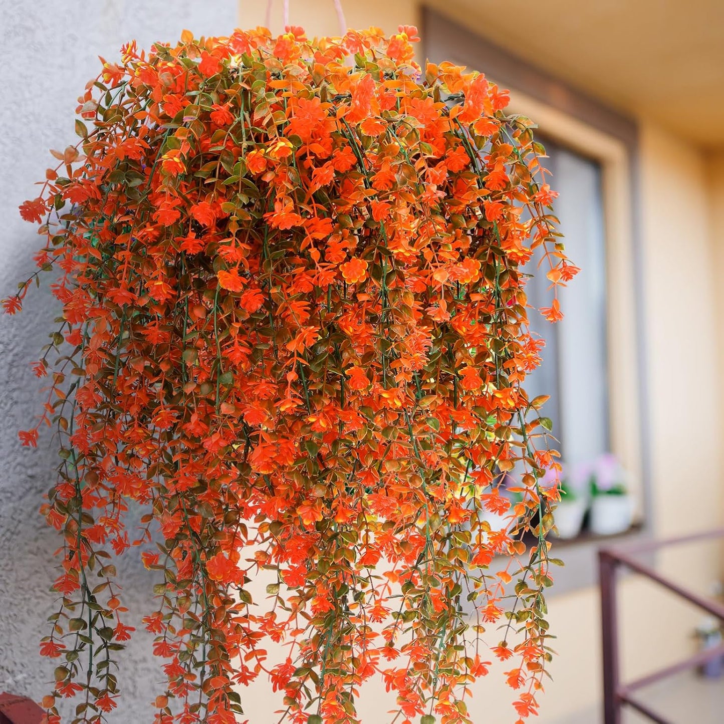 6 Pcs Artificial Fall Hanging Flowers Outdoor Silk Mum Plants Autumn Decor Faux Violet with Eucalyptus Realistic UV Resistant Trailing Vine Thanksgiving Porch Yard(Fresh Color,Plastic Style)